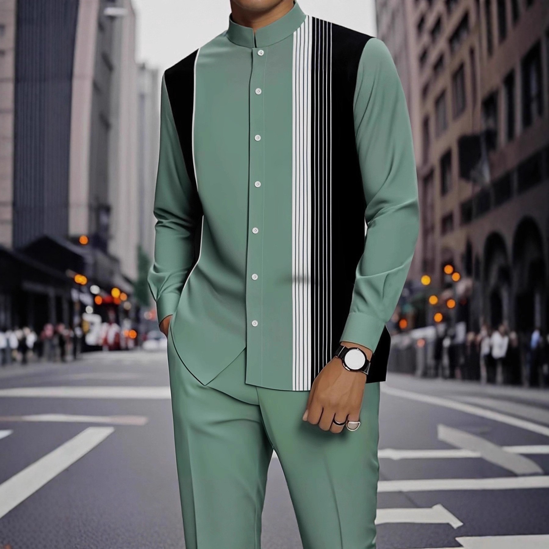 Spring and autumn new men's two-piece 3D printed long-sleeved collar button-down shirt jacket casual trousers suit is suitable for daily leisure commuting activities.