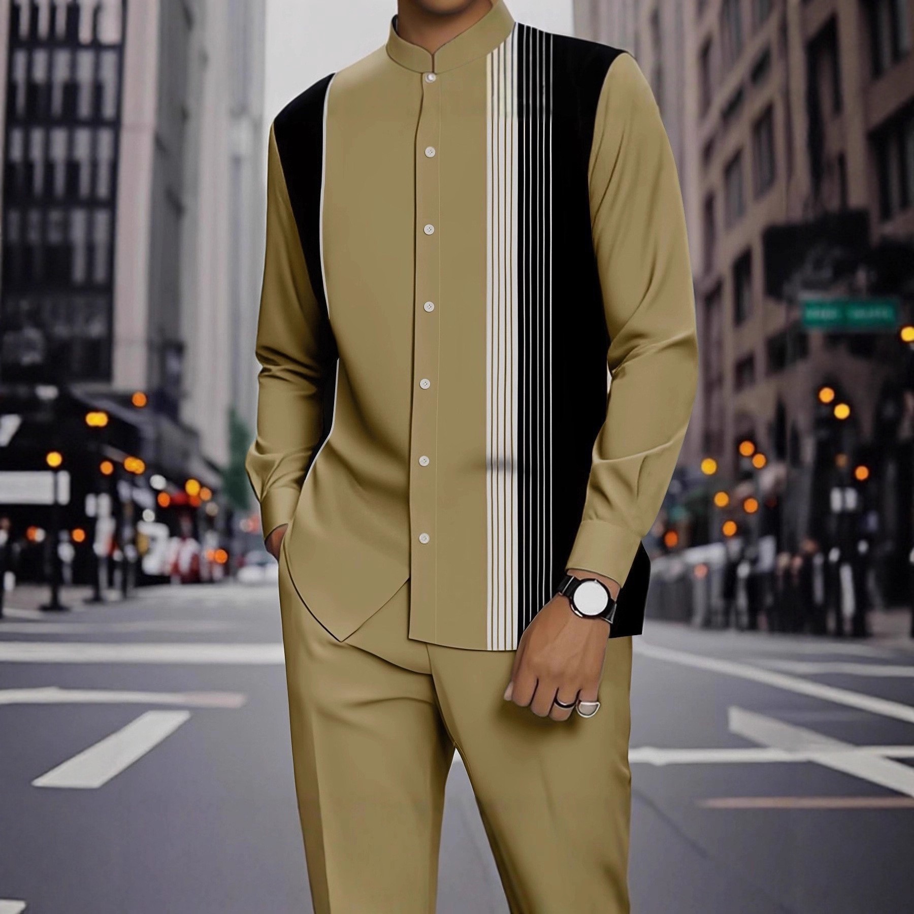 Spring and autumn new men's two-piece 3D printed long-sleeved collar button-down shirt jacket casual trousers suit is suitable for daily leisure commuting activities.