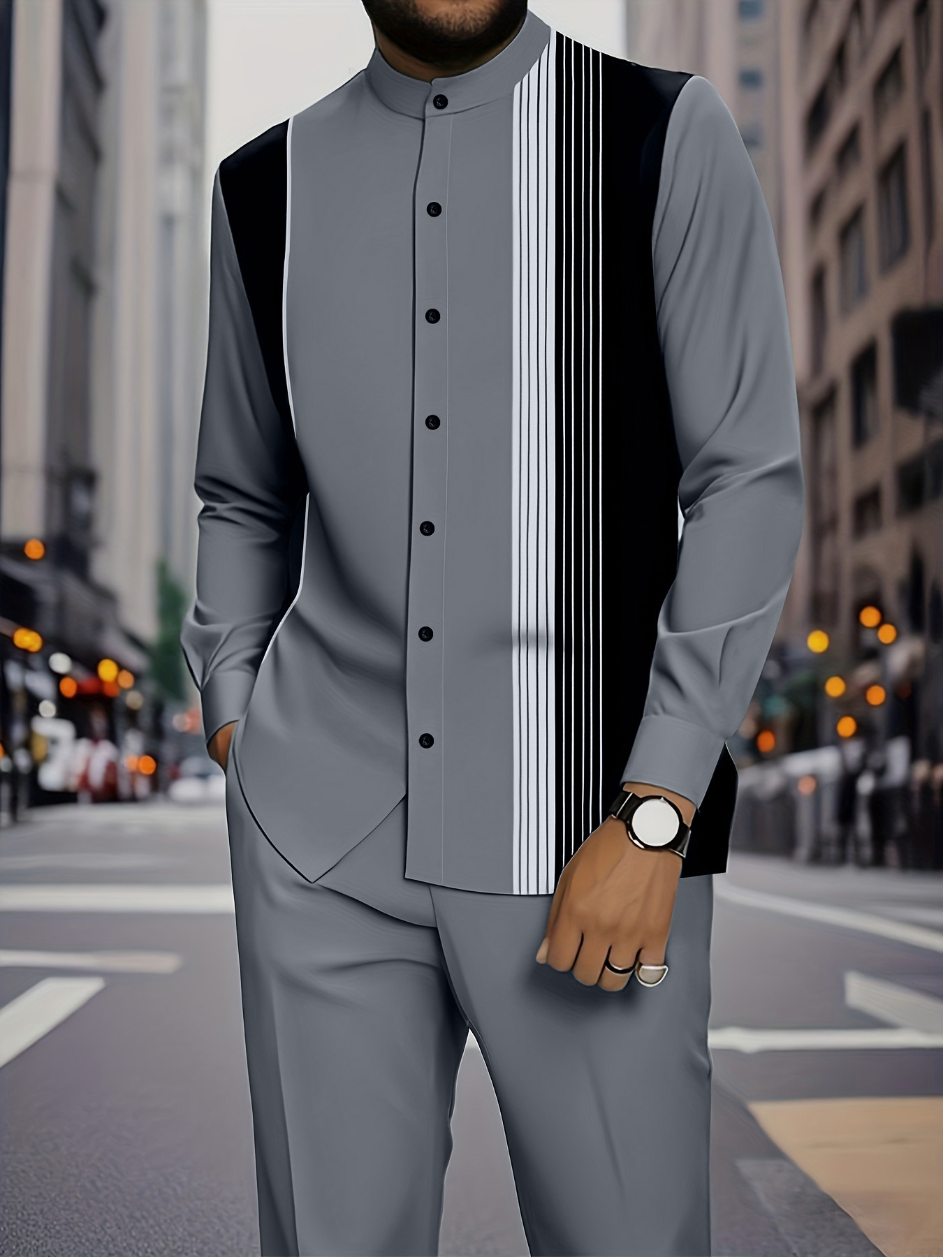 Spring and autumn new men's two-piece 3D printed long-sleeved collar button-down shirt jacket casual trousers suit is suitable for daily leisure commuting activities.
