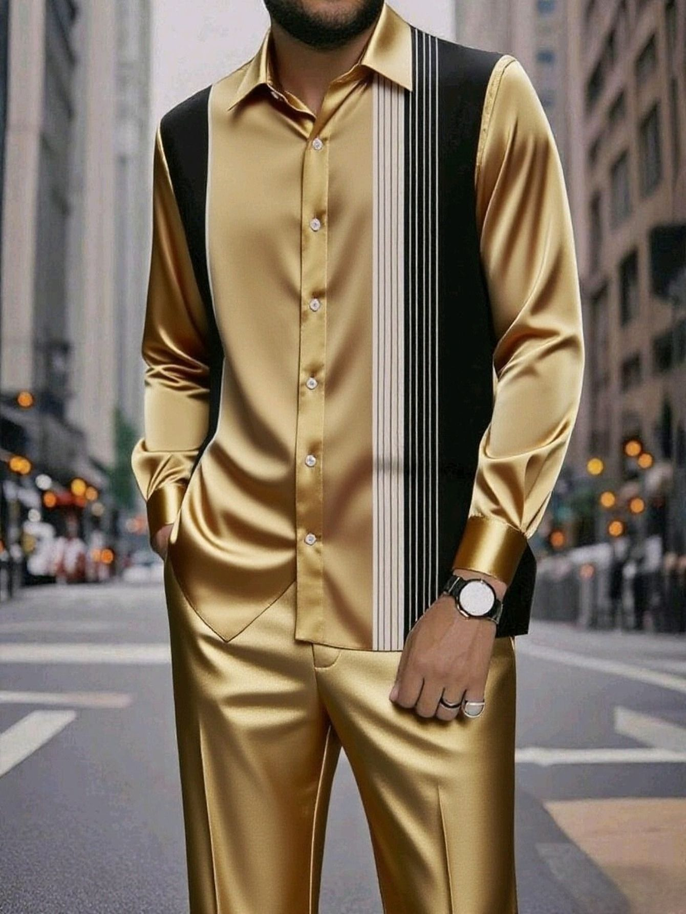 Spring and summer new men's two-piece fashion print striped lapel long-sleeved shirt jacket casual trousers suit is suitable for daily leisure commuting business wear.