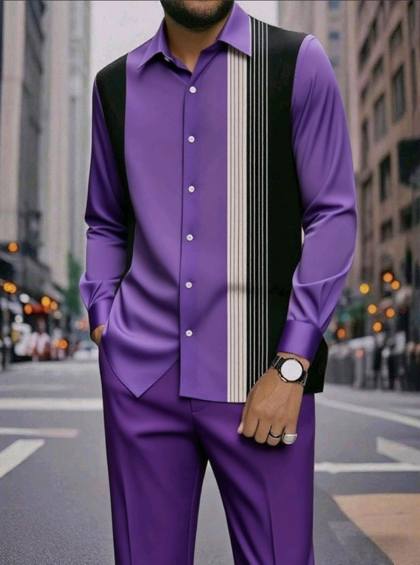 Spring and summer new men's two-piece fashion print striped lapel long-sleeved shirt jacket casual trousers suit is suitable for daily leisure commuting business wear.