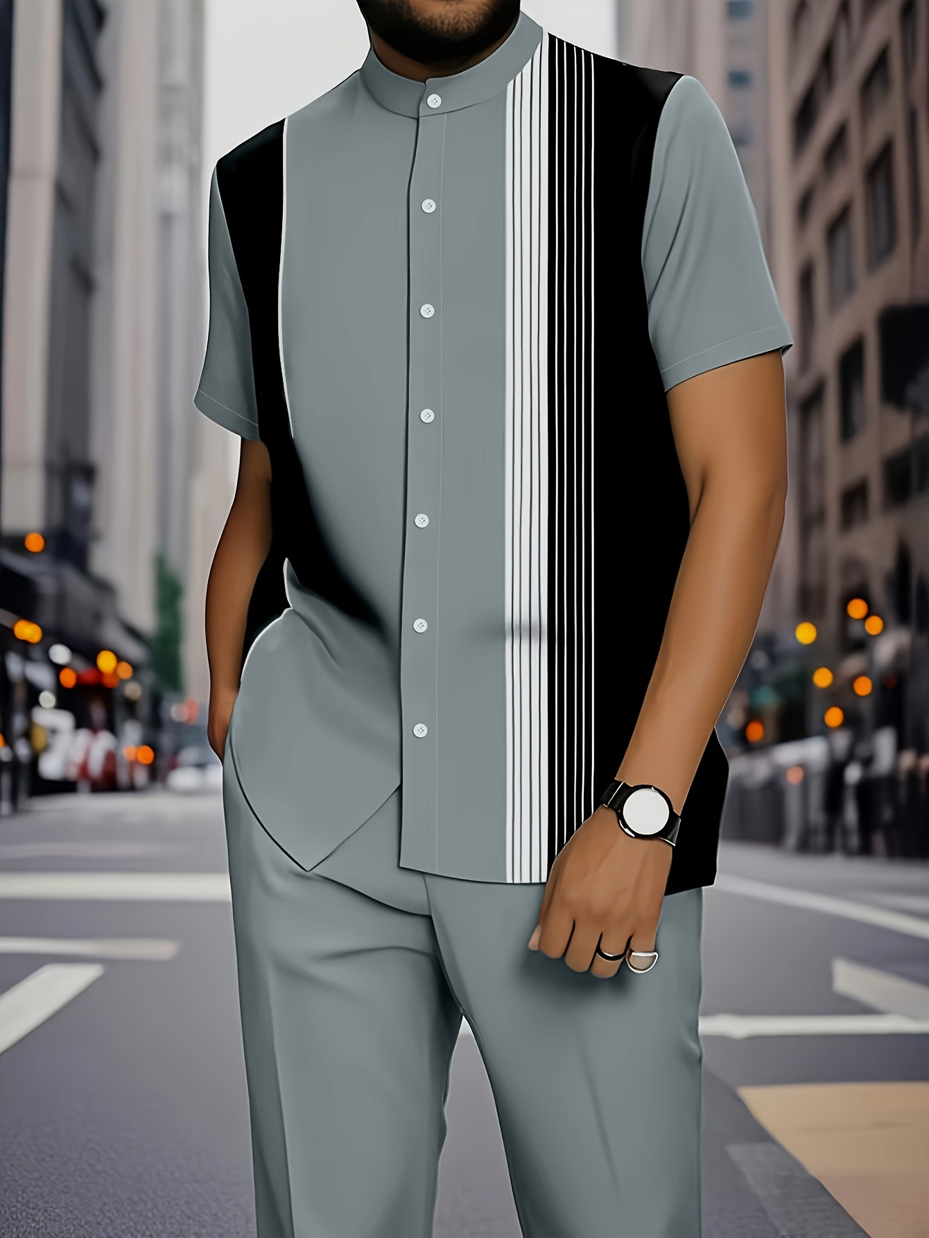 Summer new men's two-piece fashion print striped stand-up collar short-sleeved shirt coat casual trousers suit is suitable for daily leisure commuting business wear.