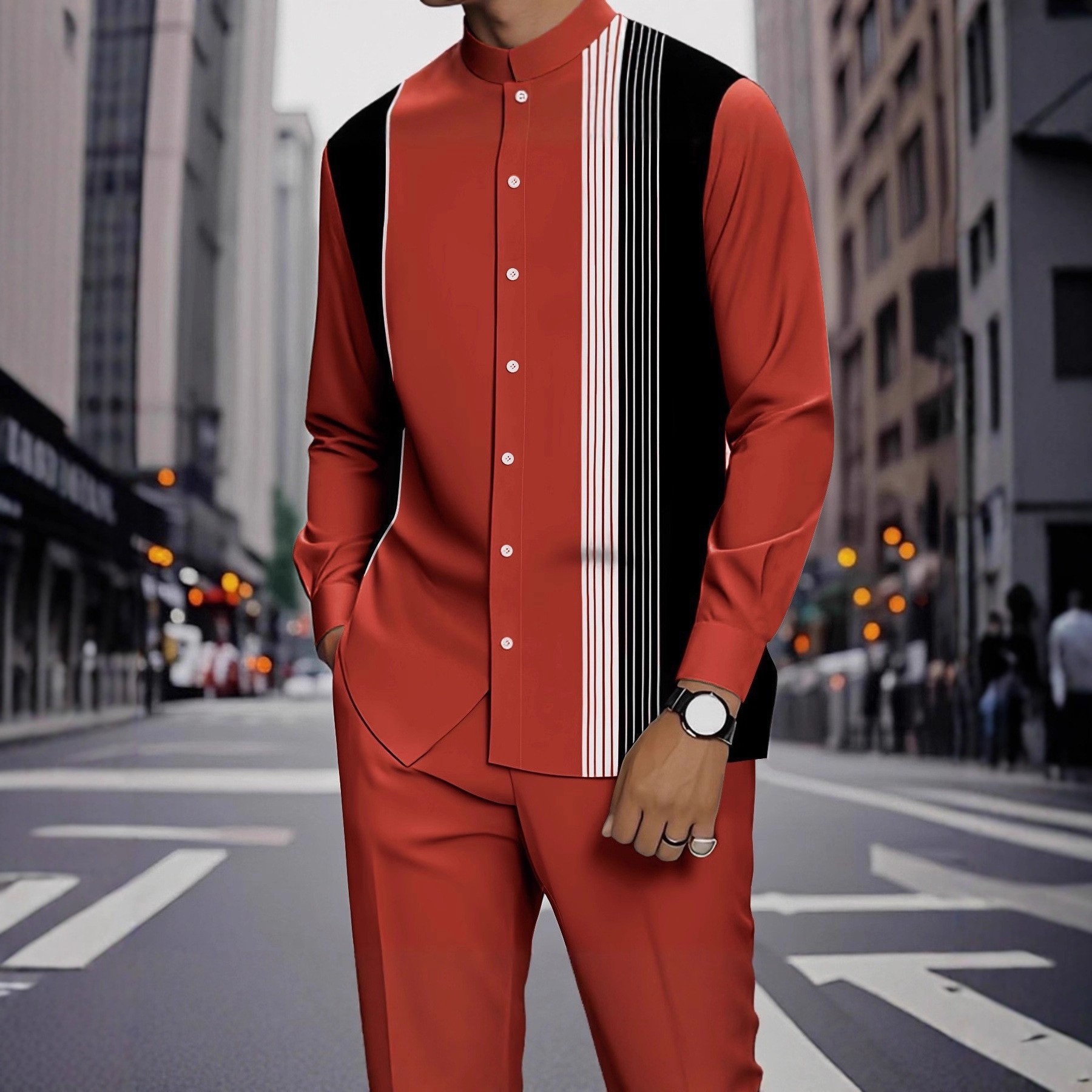 Spring and autumn new men's two-piece 3D printed long-sleeved collar button-down shirt jacket casual trousers suit is suitable for daily leisure commuting activities.