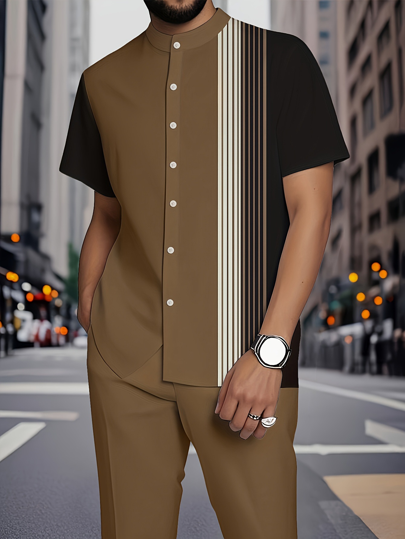 Summer new men's two-piece fashion print striped stand-up collar short-sleeved shirt coat casual trousers suit is suitable for daily leisure commuting business wear.