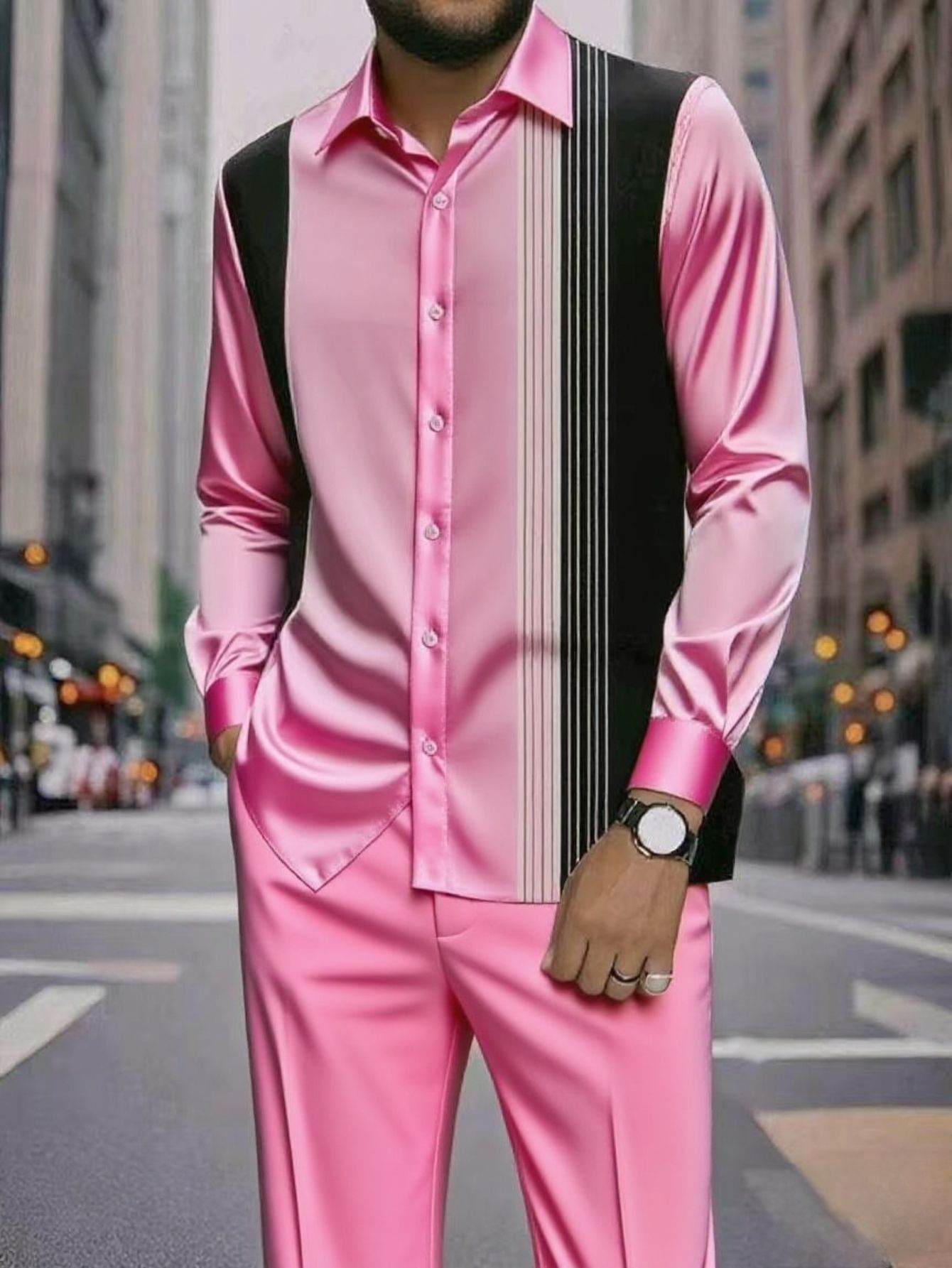 Spring and summer new men's two-piece fashion print striped lapel long-sleeved shirt jacket casual trousers suit is suitable for daily leisure commuting business wear.