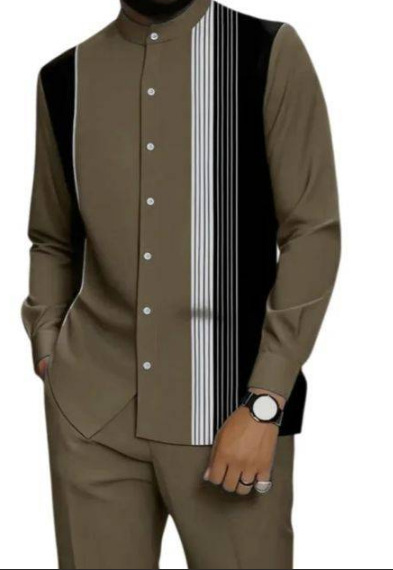 New men's two-piece fashion striped printed long sleeve collar shirt casual trousers suit is suitable for daily leisure commuting party activities.