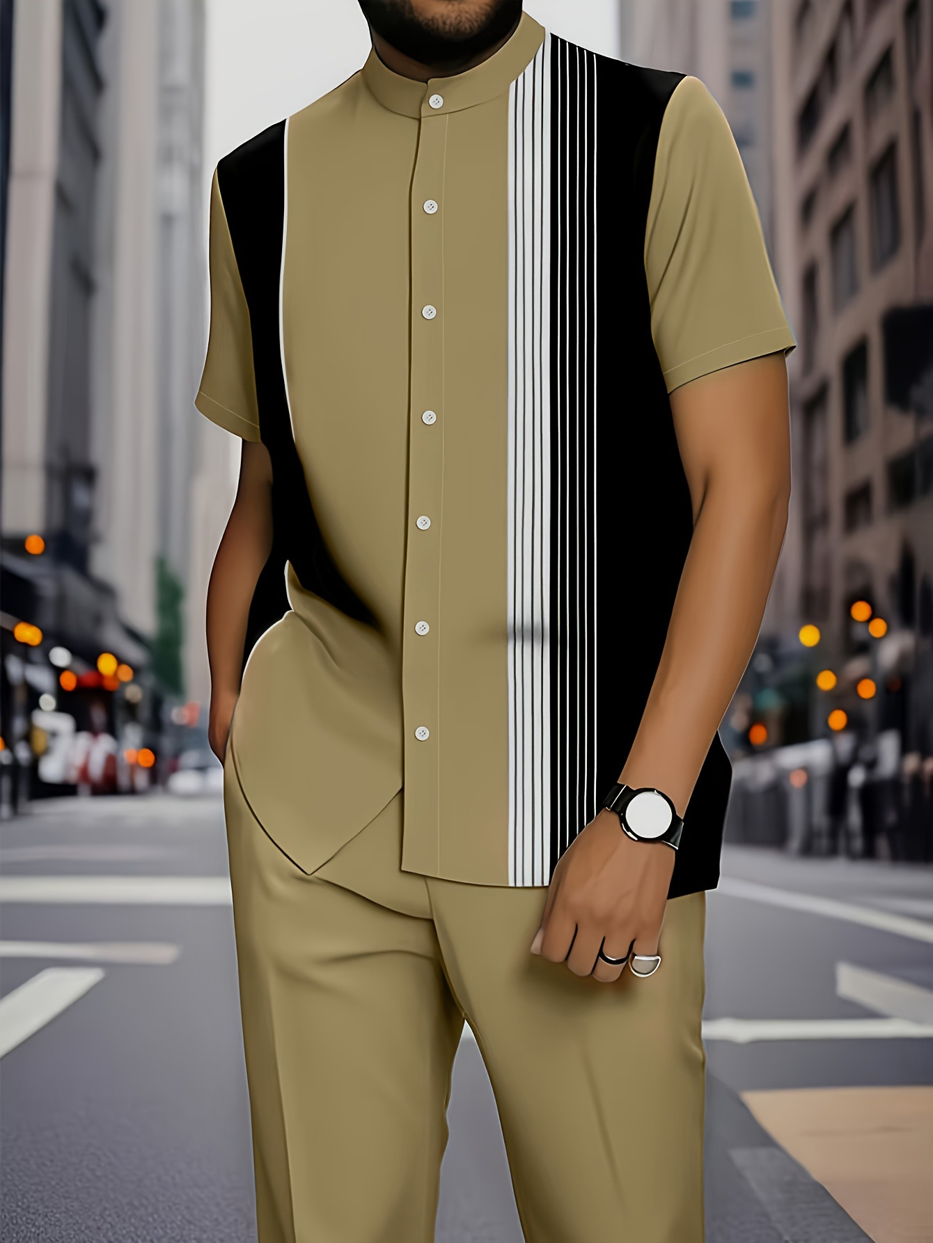 Summer new men's two-piece fashion print striped stand-up collar short-sleeved shirt coat casual trousers suit is suitable for daily leisure commuting business wear.
