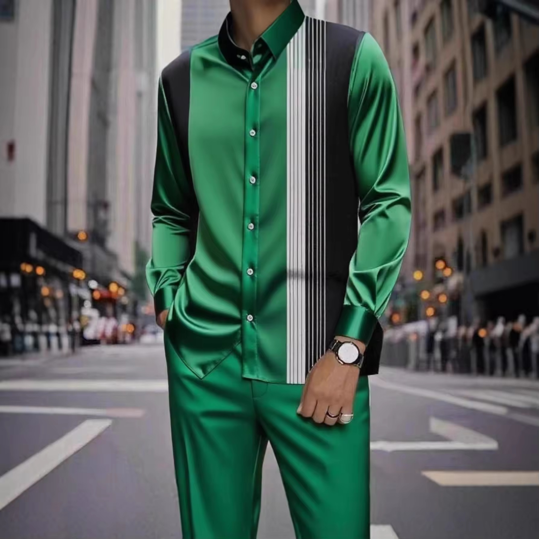 Spring and summer new men's two-piece fashion print striped lapel long-sleeved shirt jacket casual trousers suit is suitable for daily leisure commuting business wear.