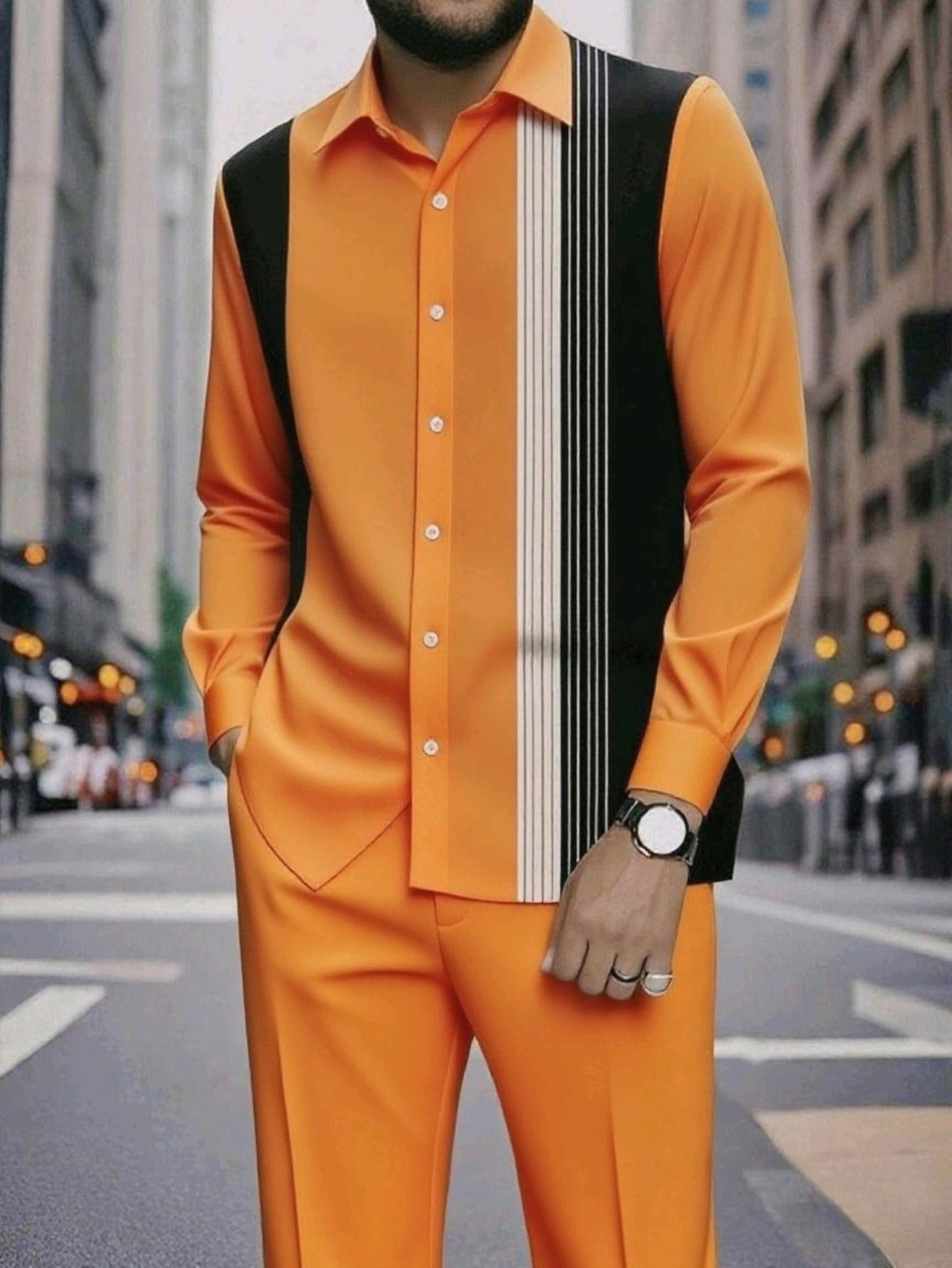 Spring and summer new men's two-piece fashion print striped lapel long-sleeved shirt jacket casual trousers suit is suitable for daily leisure commuting business wear.
