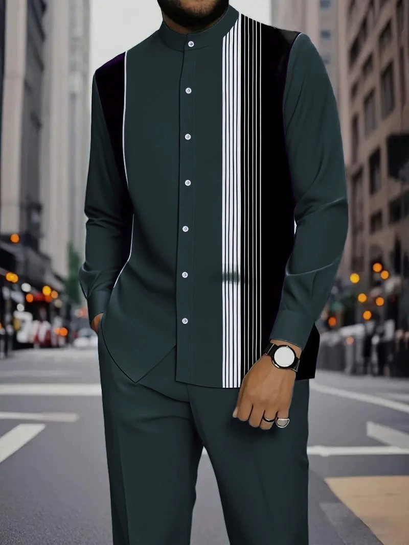 New men's two-piece fashion striped printed long sleeve collar shirt casual trousers suit is suitable for daily leisure commuting party activities.