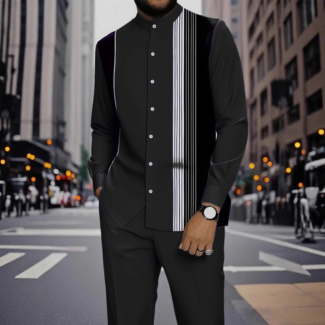 Spring and autumn new men's two-piece 3D printed long-sleeved collar button-down shirt jacket casual trousers suit is suitable for daily leisure commuting activities.