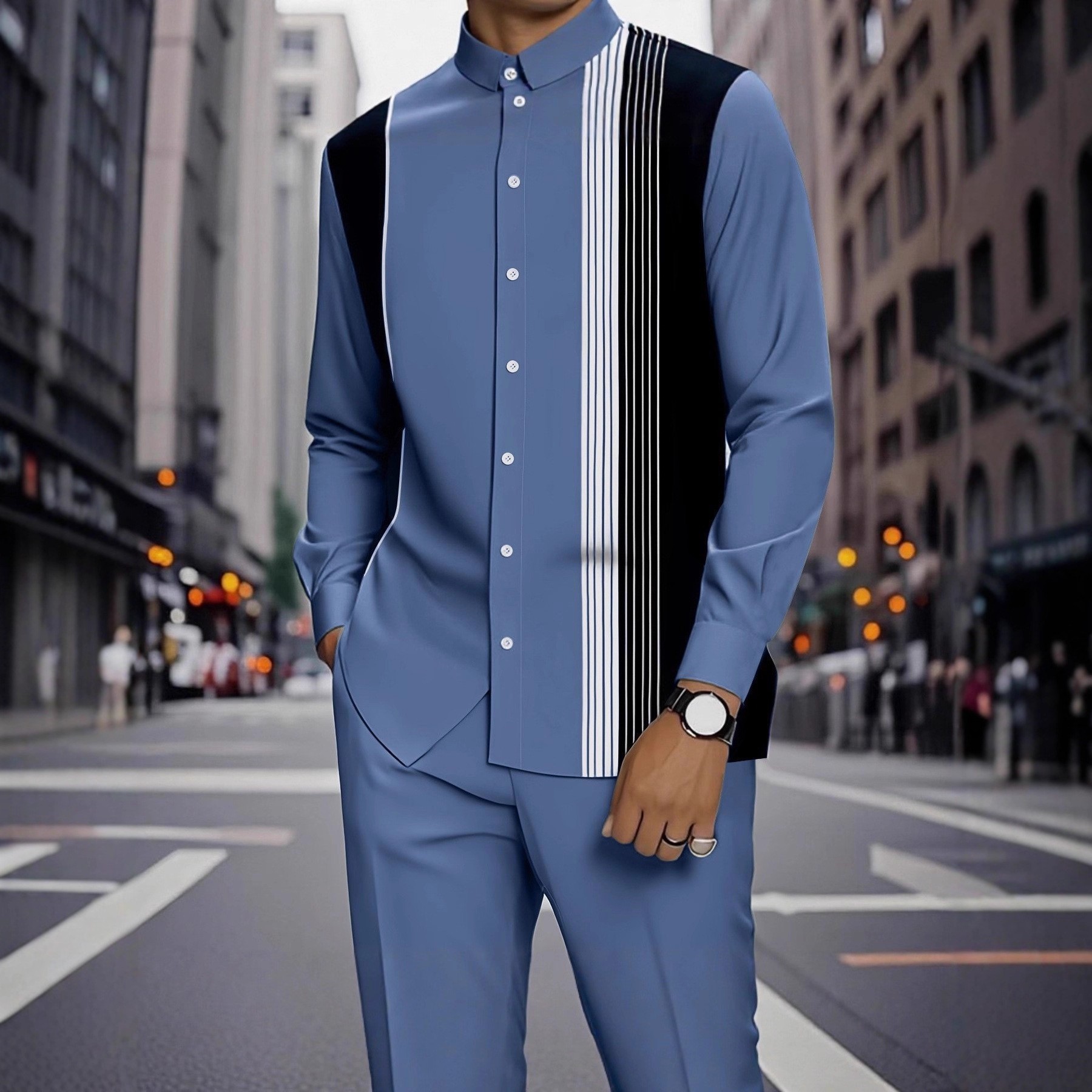 Spring and autumn new men's two-piece 3D printed long-sleeved collar button-down shirt jacket casual trousers suit is suitable for daily leisure commuting activities.