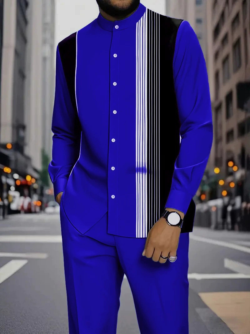 Spring and autumn new men's two-piece 3D printed long-sleeved collar button-down shirt jacket casual trousers suit is suitable for daily leisure commuting activities.