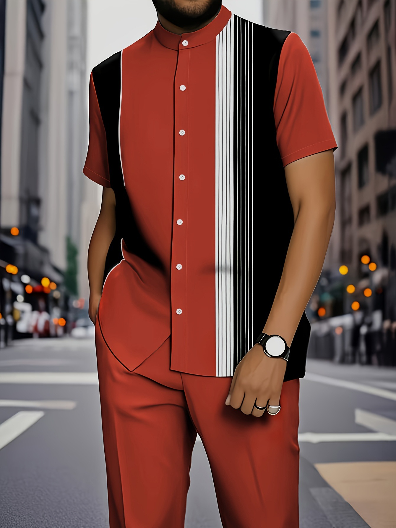 Summer new men's two-piece fashion print striped stand-up collar short-sleeved shirt coat casual trousers suit is suitable for daily leisure commuting business wear.