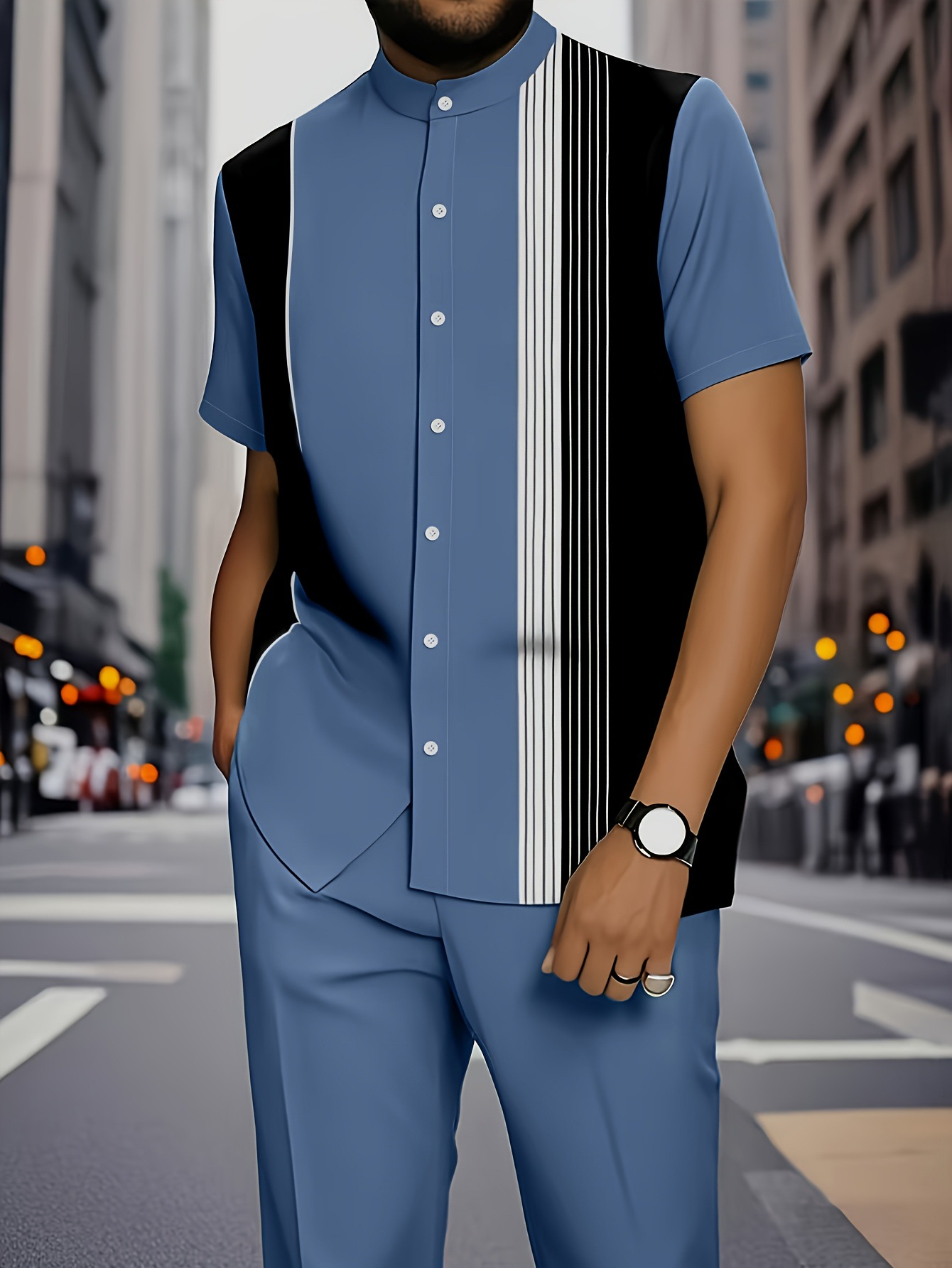 Summer new men's two-piece fashion print striped stand-up collar short-sleeved shirt coat casual trousers suit is suitable for daily leisure commuting business wear.