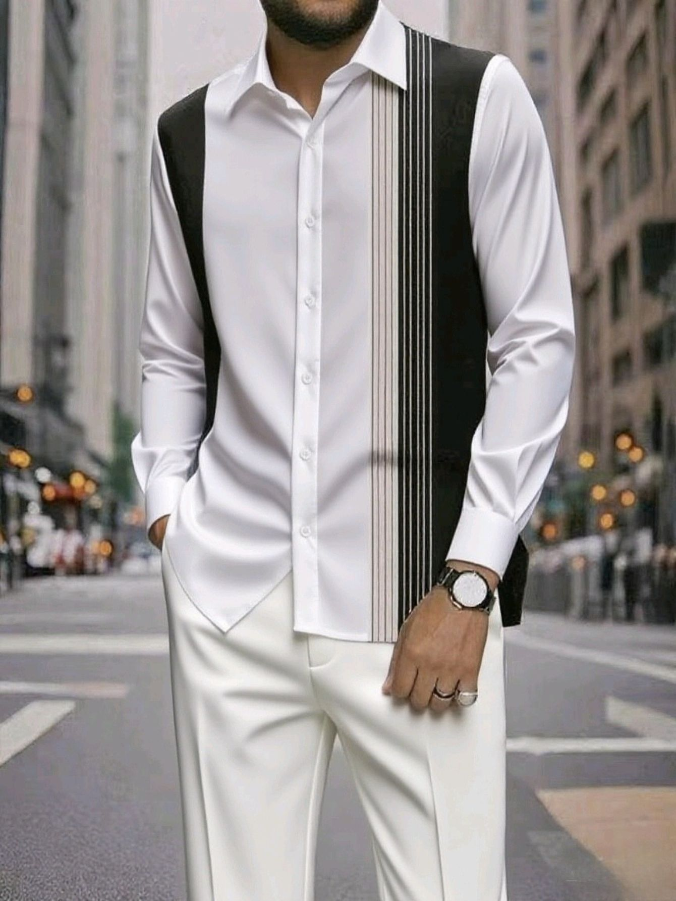 Spring and summer new men's two-piece fashion print striped lapel long-sleeved shirt jacket casual trousers suit is suitable for daily leisure commuting business wear.
