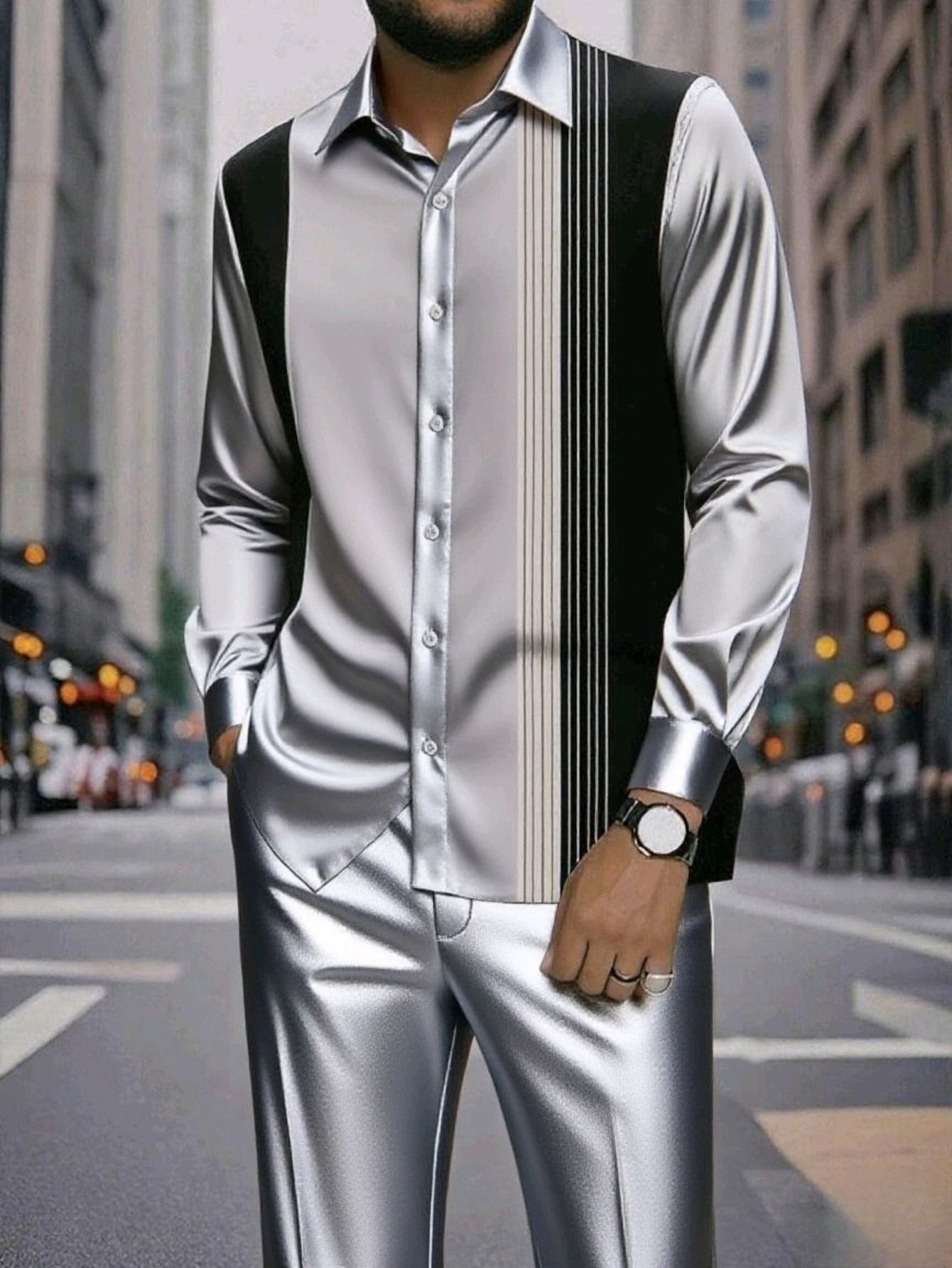 Spring and summer new men's two-piece fashion print striped lapel long-sleeved shirt jacket casual trousers suit is suitable for daily leisure commuting business wear.