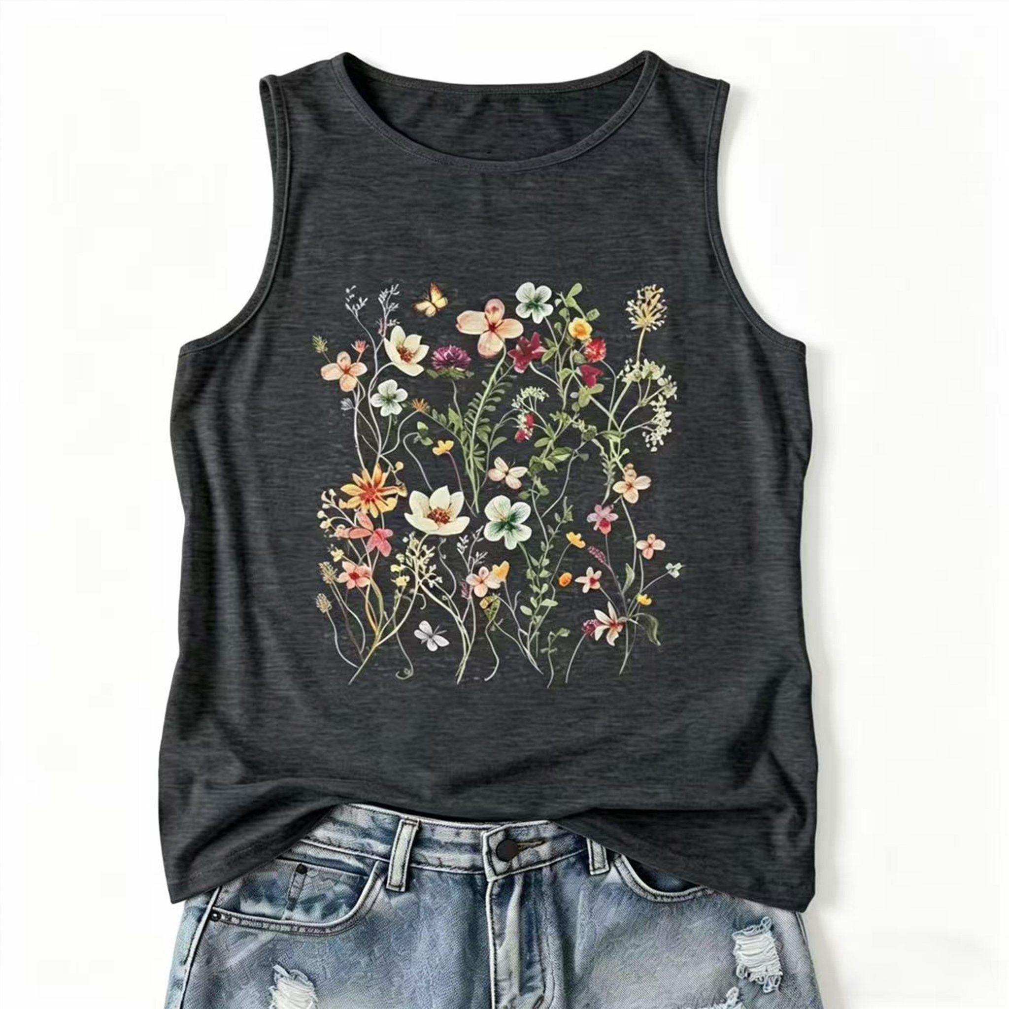 Vintage Wildflower Botanical Print Tank Top for Women - Casual Sleeveless Crew Neck Aesthetic Floral Graphic Tee, Dark Grey  Plus Size Tank Top