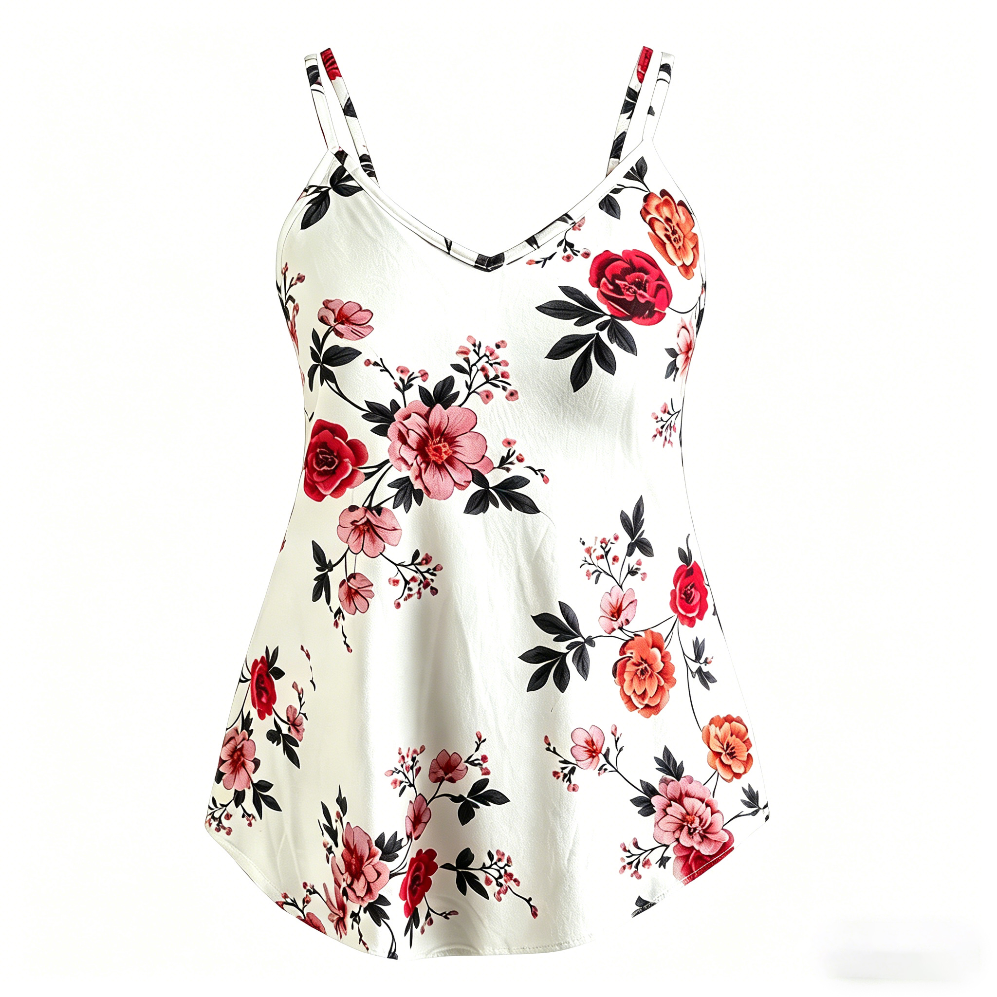 Women's Floral Print V-Neck Camisole Tank Top, Casual Sleeveless Double Spaghetti Strap Tunic Blouse, Loose Flowy Hem Summer Shirt for Daily/Beach
