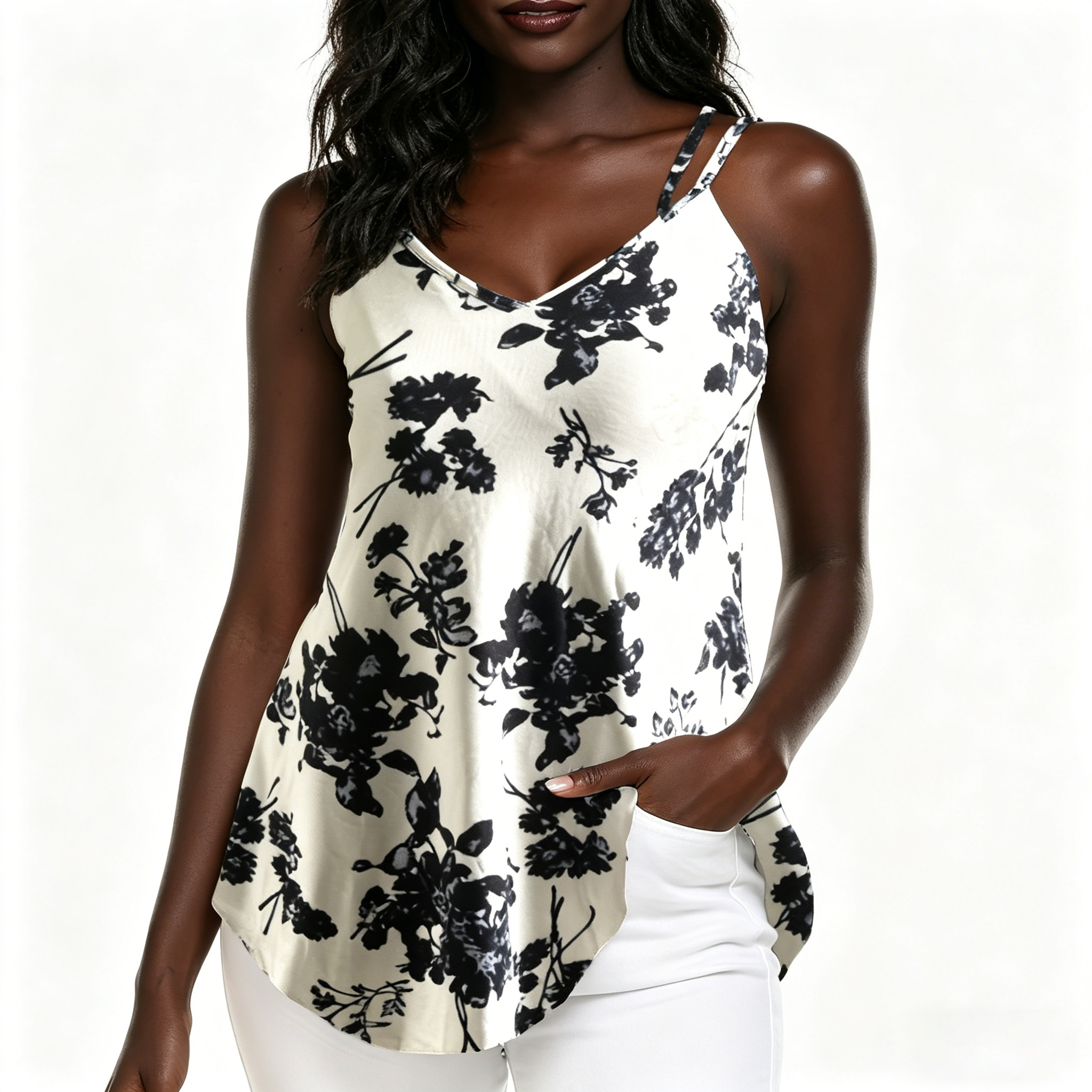 Women's Floral Print V-Neck Camisole Tank Top, Casual Sleeveless Double Spaghetti Strap Tunic Blouse, Loose Flowy Hem Summer Shirt for Daily/Beach