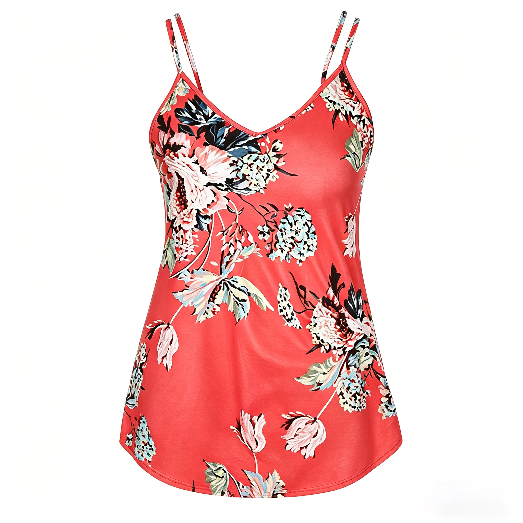 Women's Floral Print V-Neck Camisole Tank Top, Casual Sleeveless Double Spaghetti Strap Tunic Blouse, Loose Flowy Hem Summer Shirt for Daily/Beach