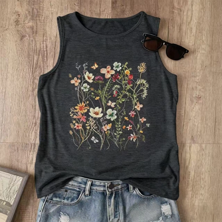 Vintage Wildflower Botanical Print Tank Top for Women - Casual Sleeveless Crew Neck Aesthetic Floral Graphic Tee, Dark Grey  Plus Size Tank Top