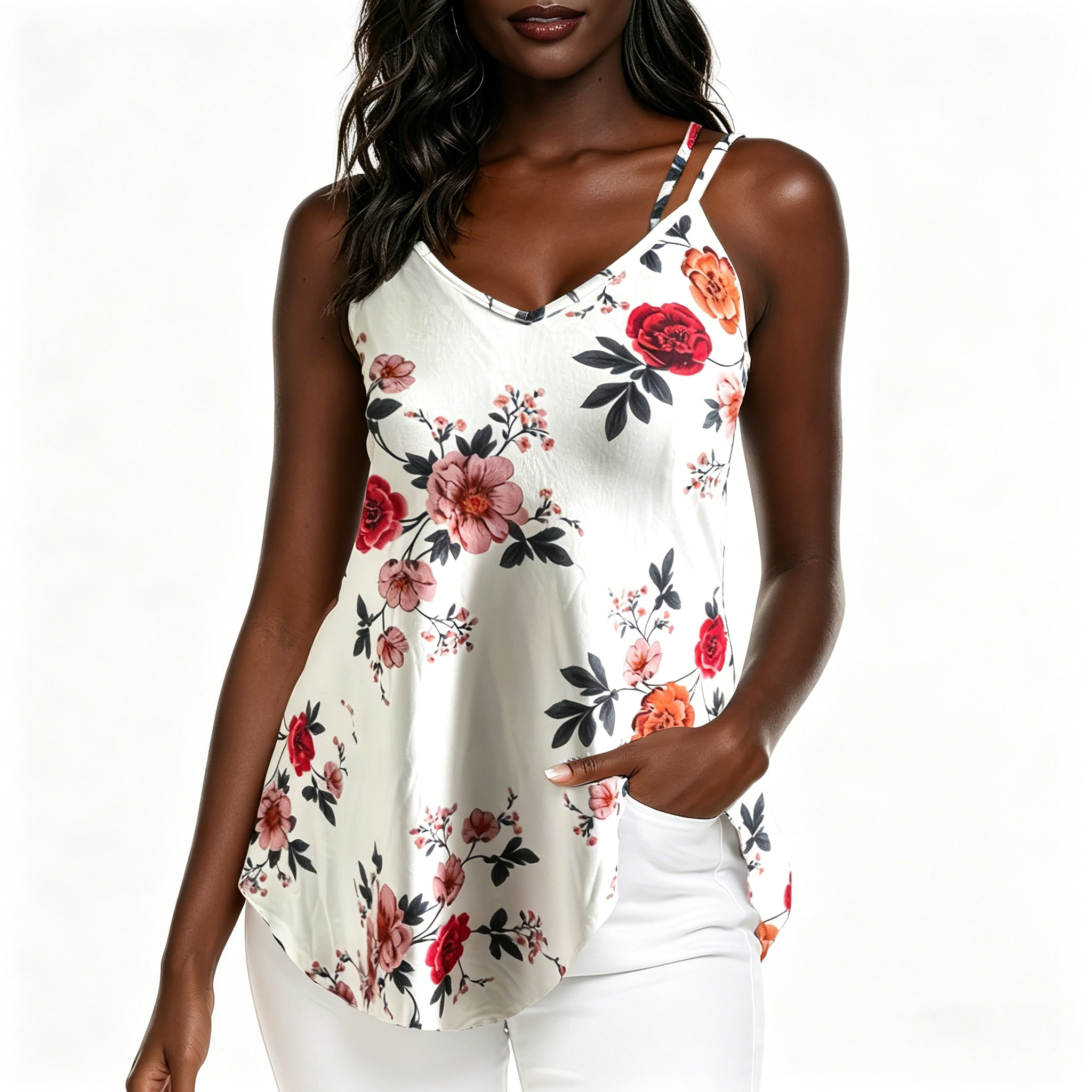 Women's Floral Print V-Neck Camisole Tank Top, Casual Sleeveless Double Spaghetti Strap Tunic Blouse, Loose Flowy Hem Summer Shirt for Daily/Beach