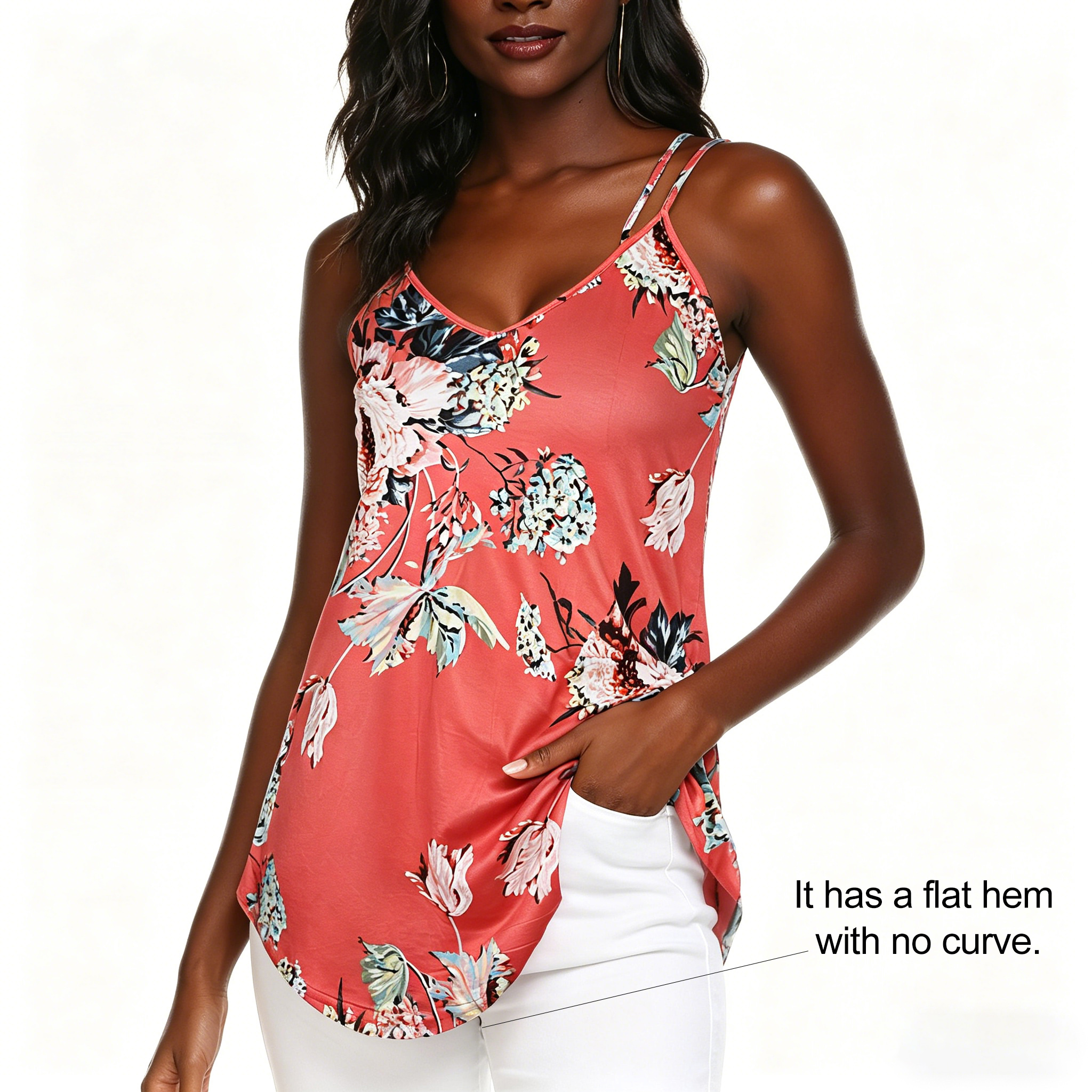 Women's Floral Print V-Neck Camisole Tank Top, Casual Sleeveless Double Spaghetti Strap Tunic Blouse, Loose Flowy Hem Summer Shirt for Daily/Beach