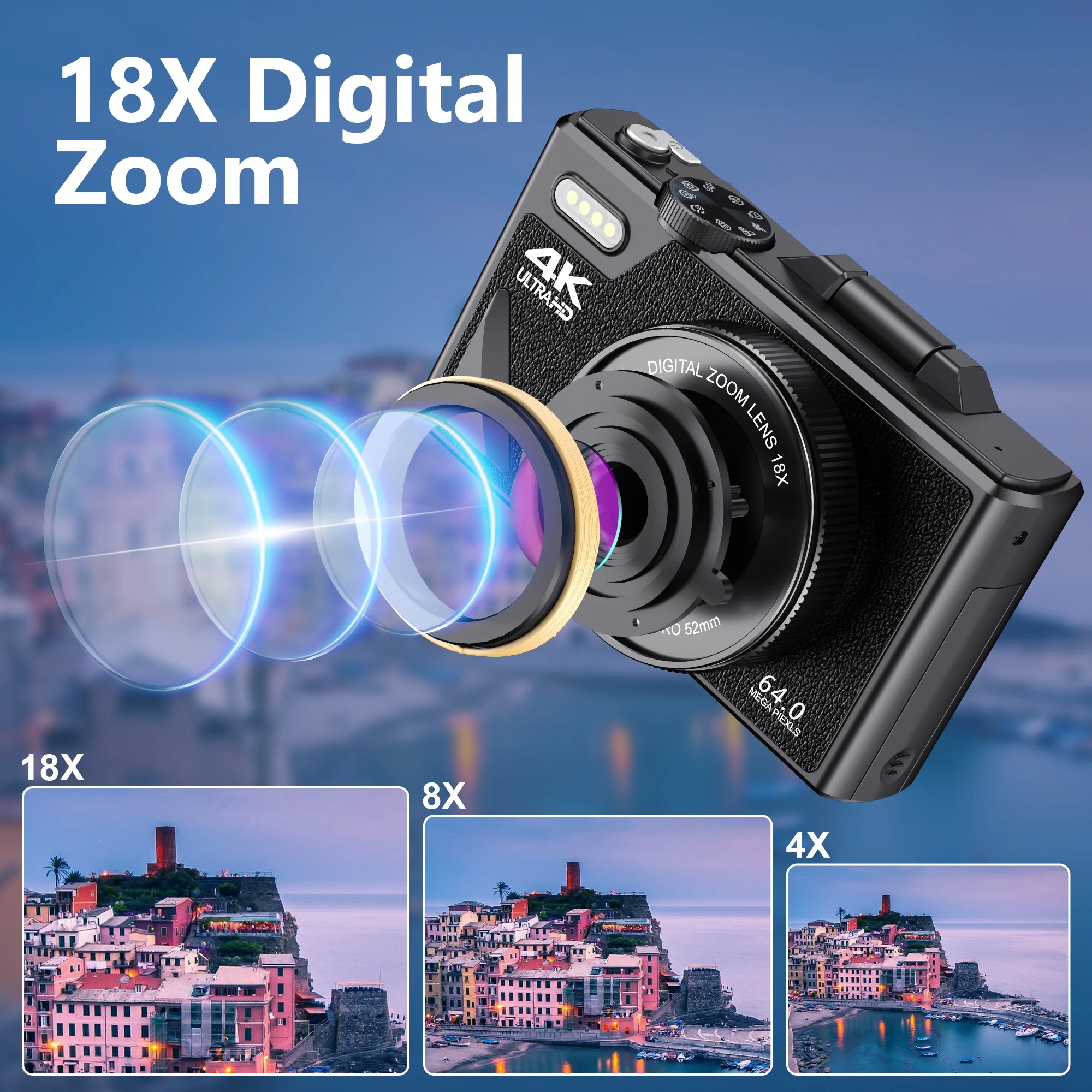 【Bantu Box】M550  64MP 4K Digital Camera 180° Flip Screen 18X Zoom Selfie Vlog Camcorder Wide Angle Macro UHD Video Camera Livestream WiFi Webcam