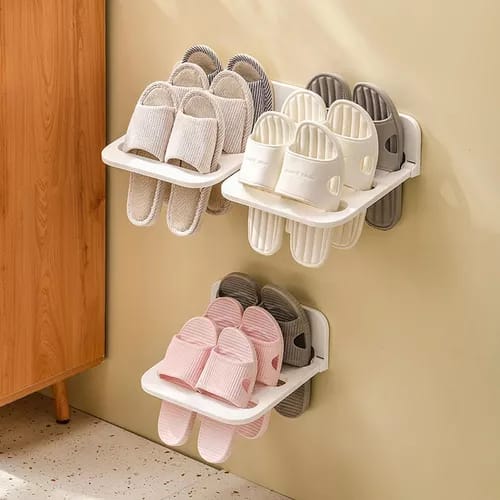 Wall Mounted Folding Slipper Rack - Punch-Free Bathroom Shoe Organizer - Space Saving Drainage Shoe Holder for Home, Bathroom & Bedroom - Durable Multi-Pair Storage Rack