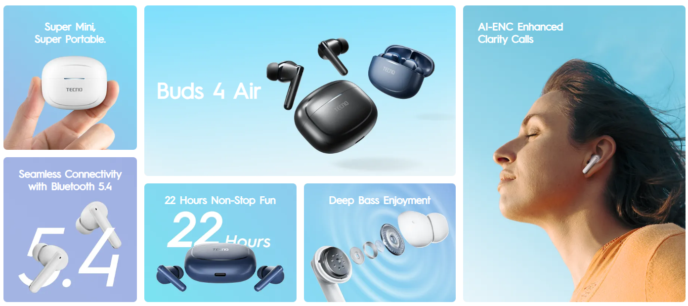 Tecno BUDS 4: ANC(Active Noise Cancellation) Immersive Sound 28 Hours Non-Stop Fun Bluetooth Earbuds