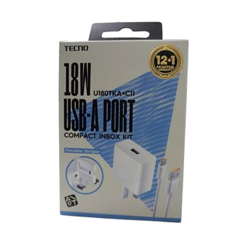 Tecno 18Watts Fast Charger Foldable USB-A Port (U180TKA+C11) USB to Type C Cable included.