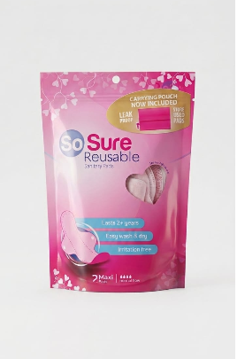 So Sure, Reusable Sanitary Pads - Leak-Proof Washable sanitary towels a Pack Maxi, Eco-Friendly & Long-Lasting Fabric for Normal to Heavy Flow - Pink