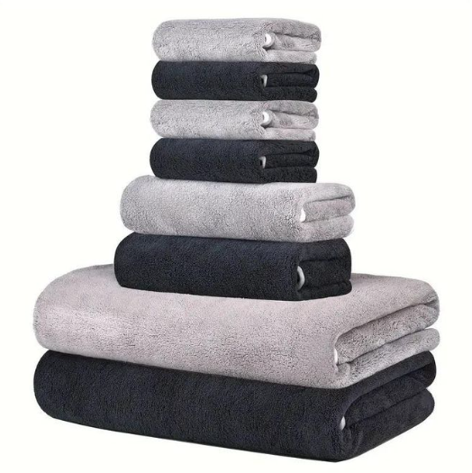 8-piece microfiber towel set. Includes 2 bath towels, 2 hand towels, and 4 face towels/ washcloths.