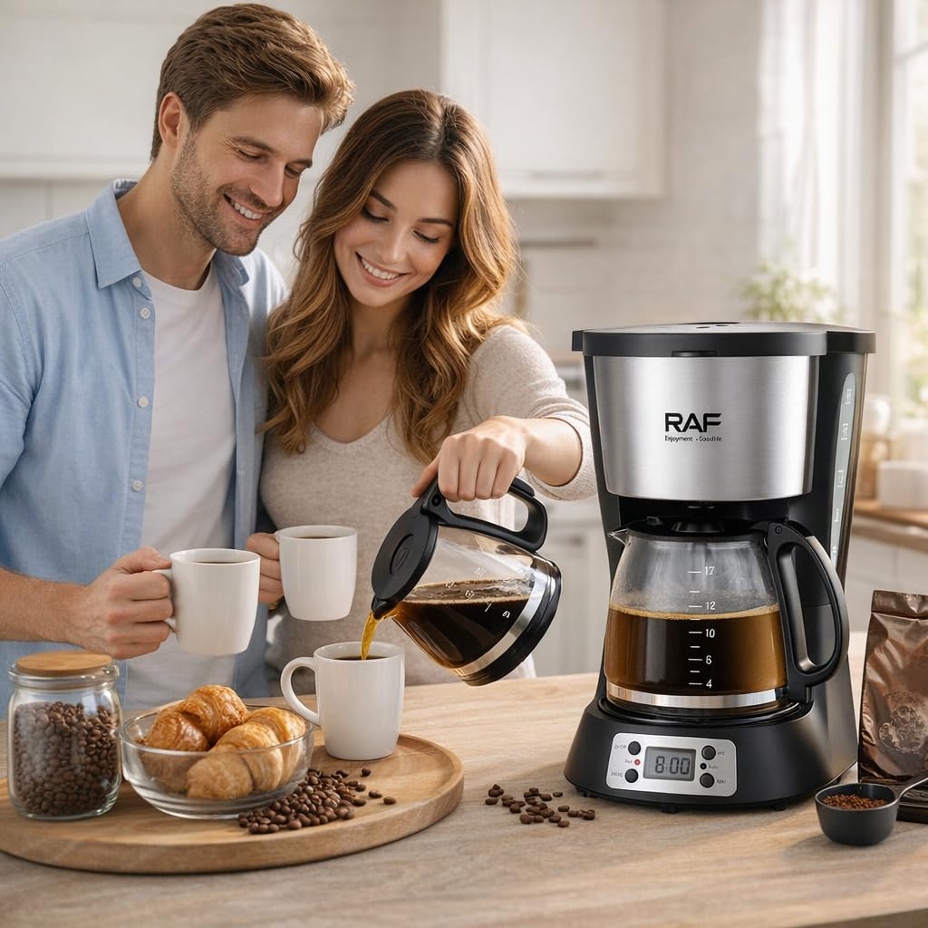 RAF Coffee Maker, Drip Coffee Machine with 1.5L Water Reservoir & Glass Carafe, Programmable Digital Timer, Auto-Drip & One-Touch Operation for Home & Office,1000W