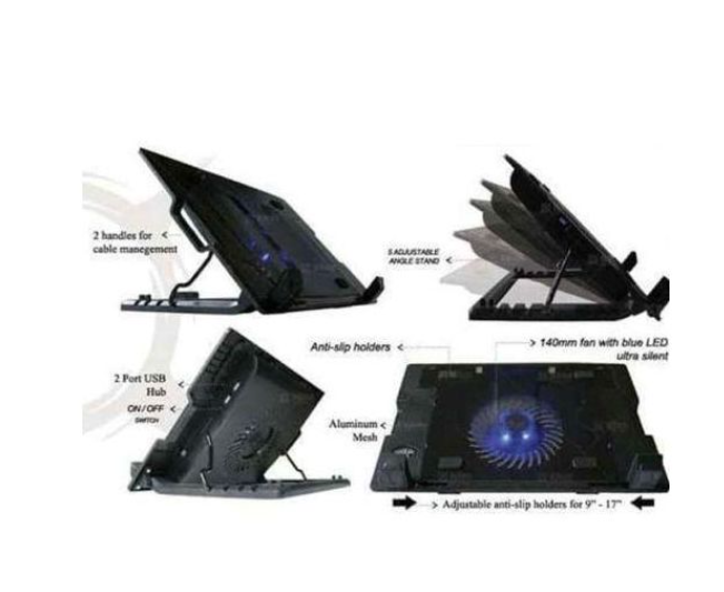 Notebook Laptop Cooling Pad with Stand - Black, Blue Light