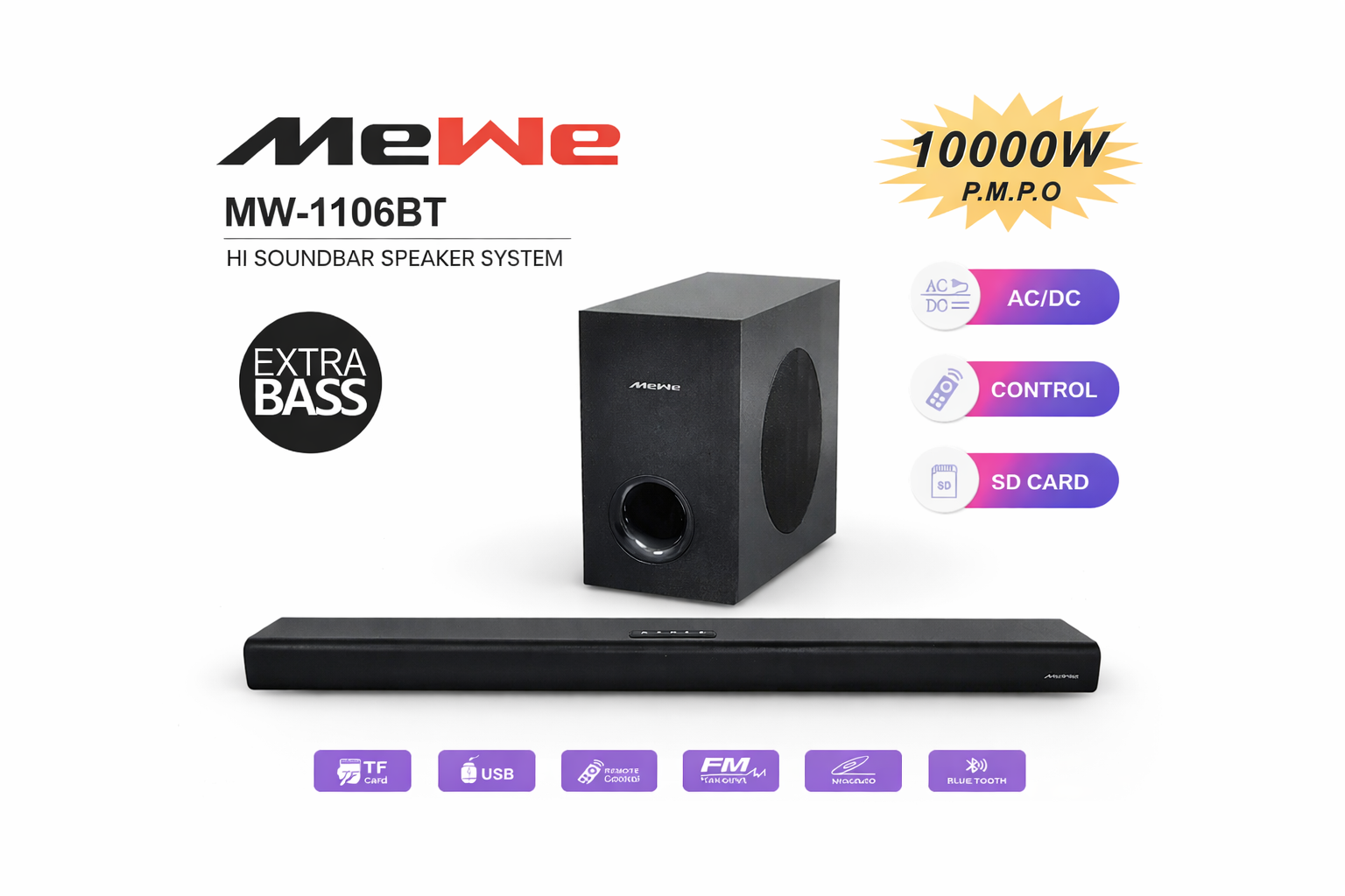 Mewe MW -1102BT 10000W PMPO Echo Wall Bluetooth  Sound  Bar Speaker System  With Subwoofer -Extra Bass.