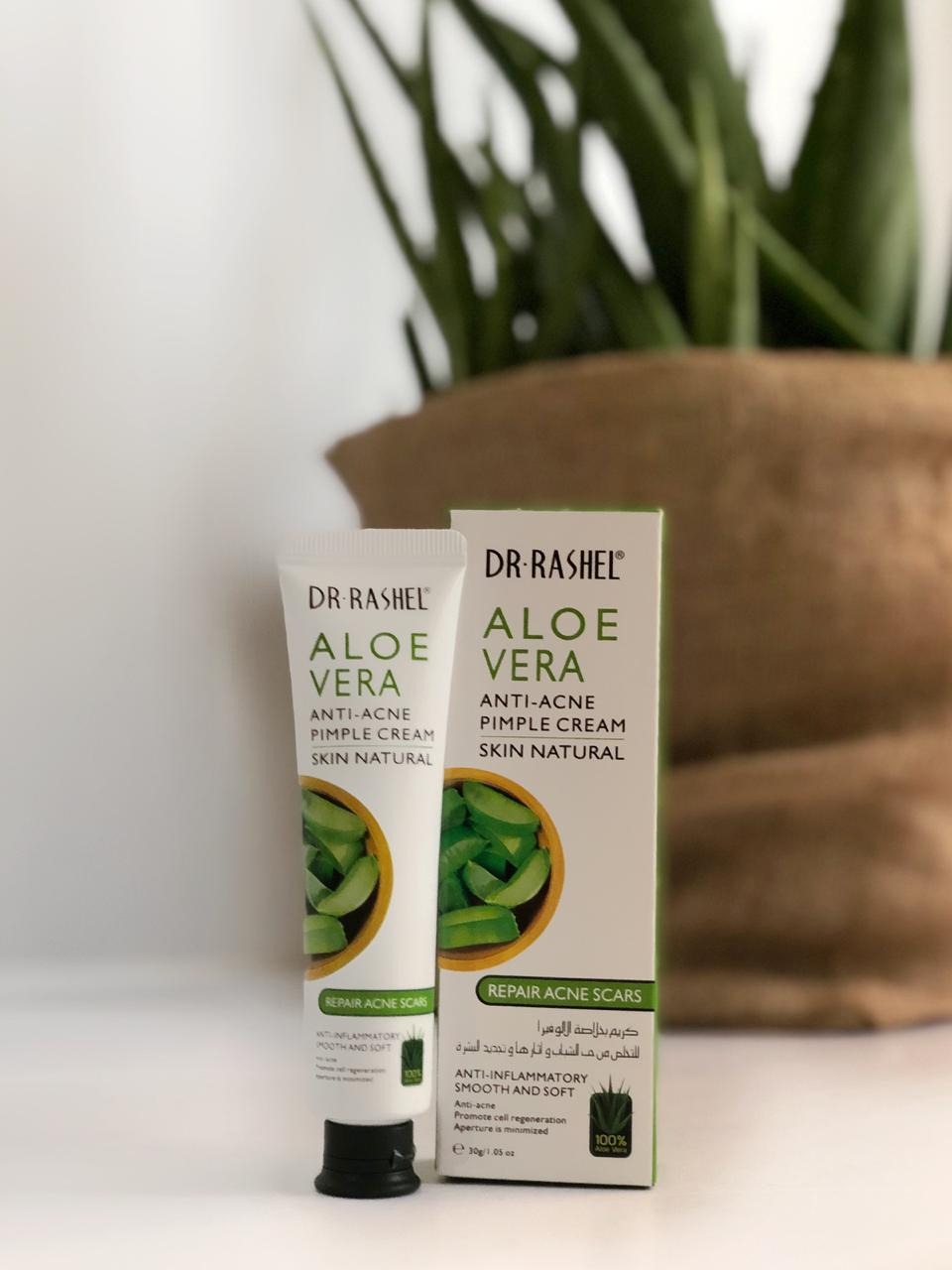 DR Rashel Aloe Vera Anti-Acne Pimple Cream 30g is an acne treatment product that uses the anti-inflammatory and healing properties of aloe vera to soothe skin, control breakouts, and fade acne scars.