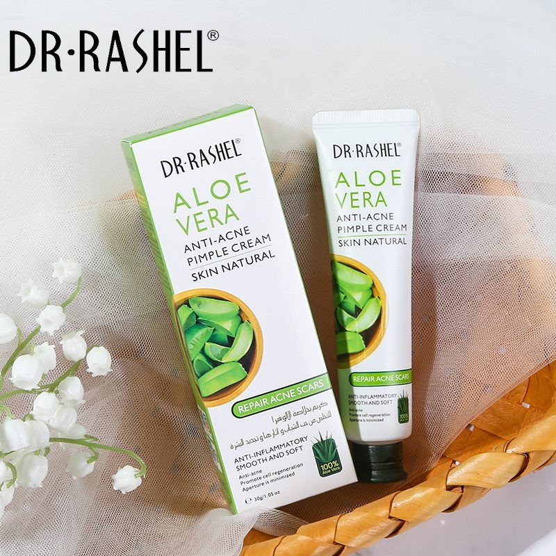 DR Rashel Aloe Vera Anti-Acne Pimple Cream 30g is an acne treatment product that uses the anti-inflammatory and healing properties of aloe vera to soothe skin, control breakouts, and fade acne scars.