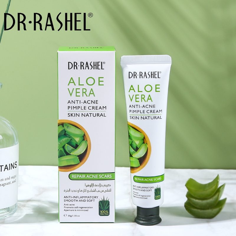 DR Rashel Aloe Vera Anti-Acne Pimple Cream 30g is an acne treatment product that uses the anti-inflammatory and healing properties of aloe vera to soothe skin, control breakouts, and fade acne scars.