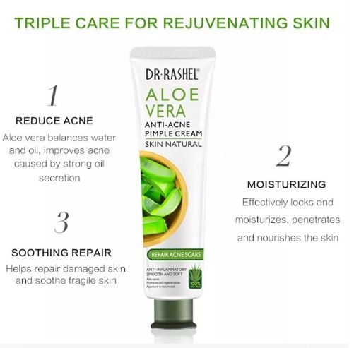 DR Rashel Aloe Vera Anti-Acne Pimple Cream 30g is an acne treatment product that uses the anti-inflammatory and healing properties of aloe vera to soothe skin, control breakouts, and fade acne scars.