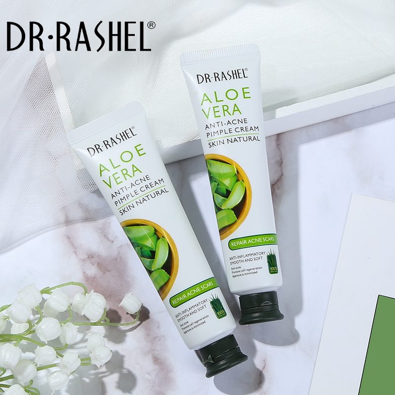 DR Rashel Aloe Vera Anti-Acne Pimple Cream 30g is an acne treatment product that uses the anti-inflammatory and healing properties of aloe vera to soothe skin, control breakouts, and fade acne scars.