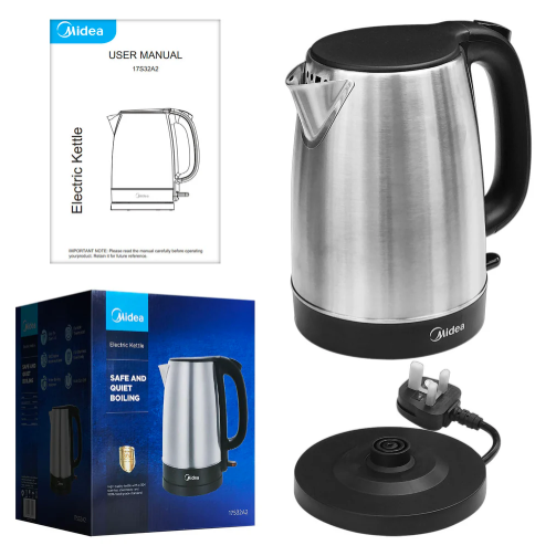 Midea 1.7L Professional Electric Kettle – High-Speed 2200W Rapid Boil, Brushed 304 Stainless Steel Finish with Auto Shut-Off & Boil-Dry Protection (Model: MK17S32A2)