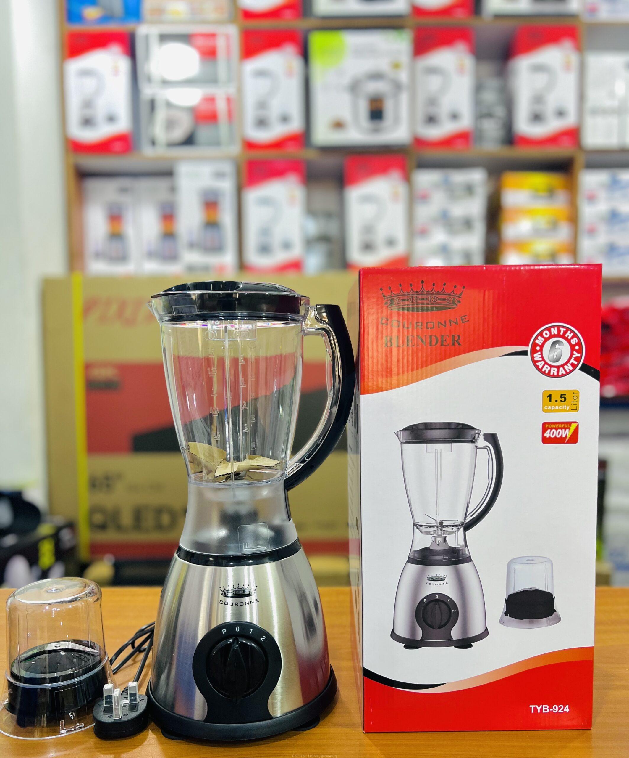 Couronne TYB-924 Kitchen Blender with Grinding Jar – 1.5 Litre Capacity, 2-Speed Control with Pulse, 400W High Speed Mixer for Smoothies & Spices – Silver/Black