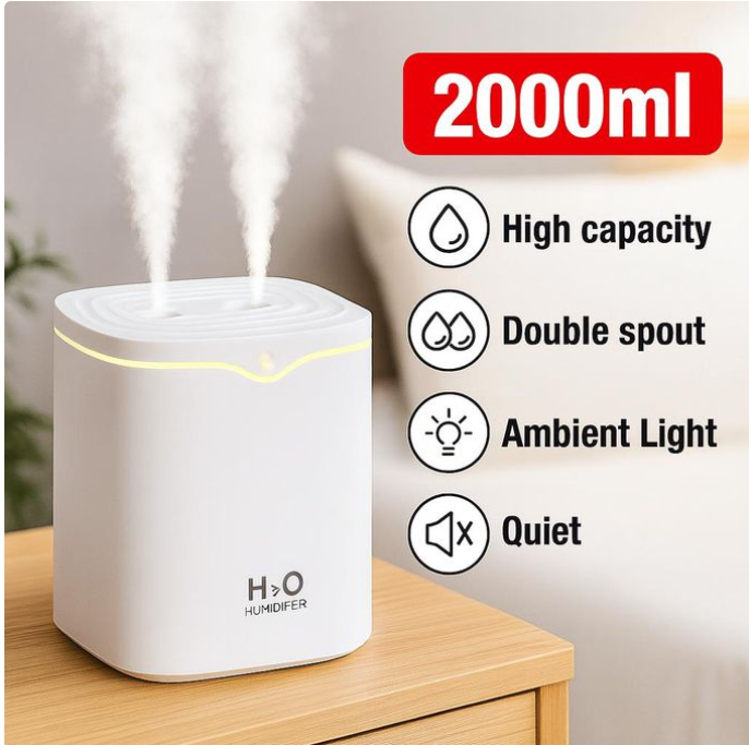 Mythco 2L Cool Mist Humidifier Dual Spray Nozzles For Home,Office, With Dual Spray Ports: Provides continuous or intermittent mist for enhanced hydration. 2L Capacity: Long-lasting mist .
