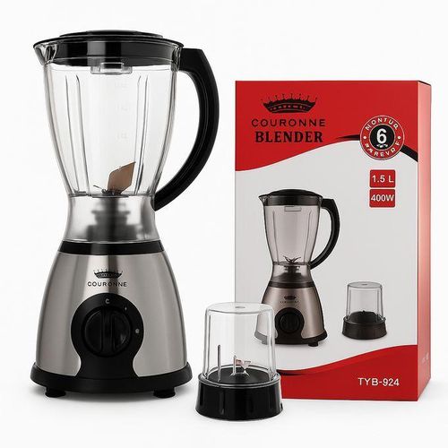 Couronne TYB-924 Kitchen Blender with Grinding Jar – 1.5 Litre Capacity, 2-Speed Control with Pulse, 400W High Speed Mixer for Smoothies & Spices – Silver/Black