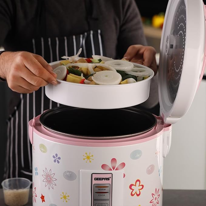 Geepas 3.2L Automatic Rice Cooker & Steamer – GRC35023 – Non-Stick Pot, Keep Warm Function, Energy Efficient for Home Kitchens