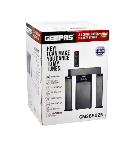 Geepas 3.1 Channel Multimedia Speaker System – 40000W PMPO – Bluetooth, USB, FM, RGB LED Lights – Model GMS8522