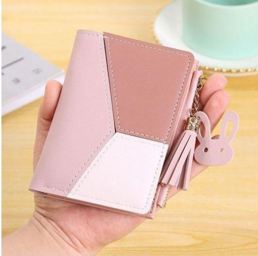 Mode Women's Wallet PU Leather Short Zipper Simple Fashion Purse - PinkShort wallet with splicing design features 5 card holders, 1 photo holder and 1 note compartment, which is quite a large capacity