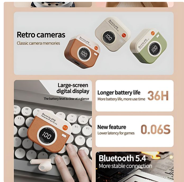 GtyGo Wireless Headphones Bluetooth 5.4 Earphones Sport Earbuds Headset LED Display orange Camera shape